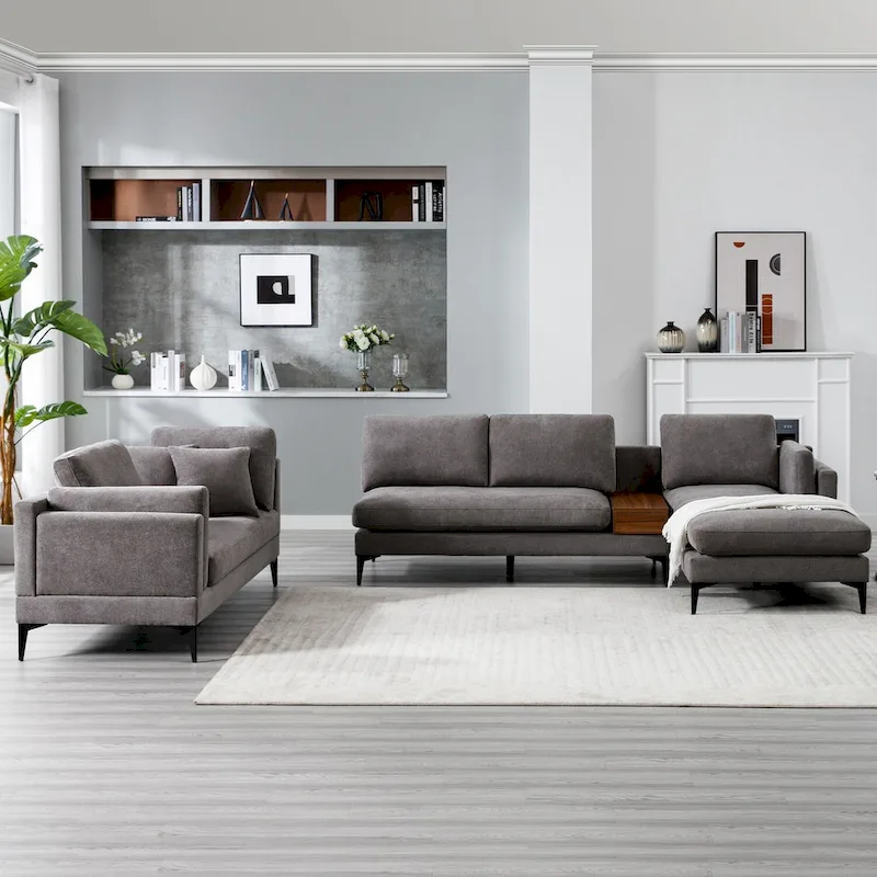 Modular U-shaped Linen Reversible Sofa with a Wooden Side Table Box and Reversible Design