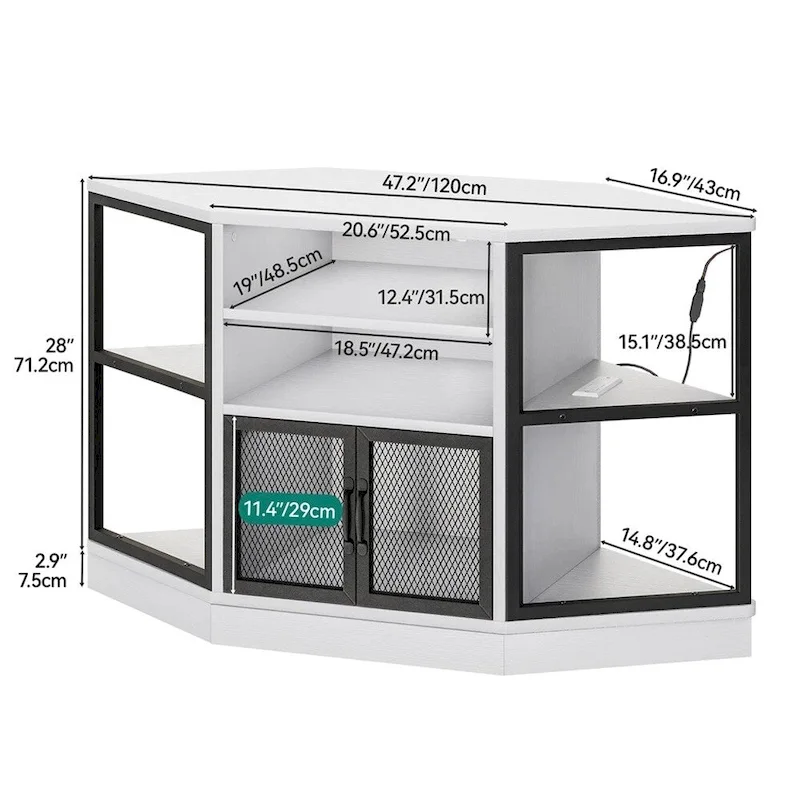 Corner Media Console with Storage Cabinets and LED Light - 47 inches in width