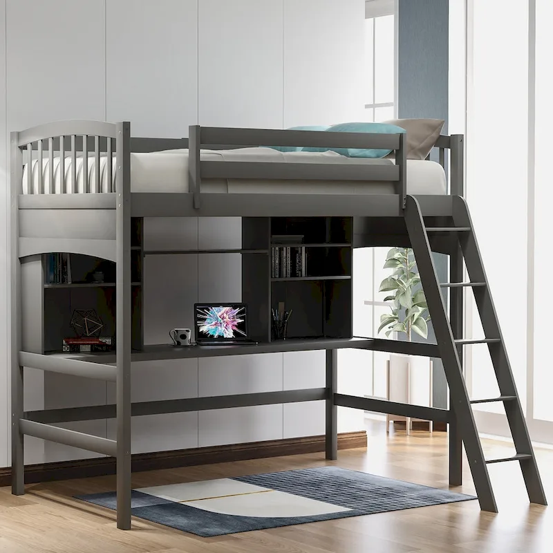 Twin Size Loft Bed with Storage Shelves Desk and Ladder