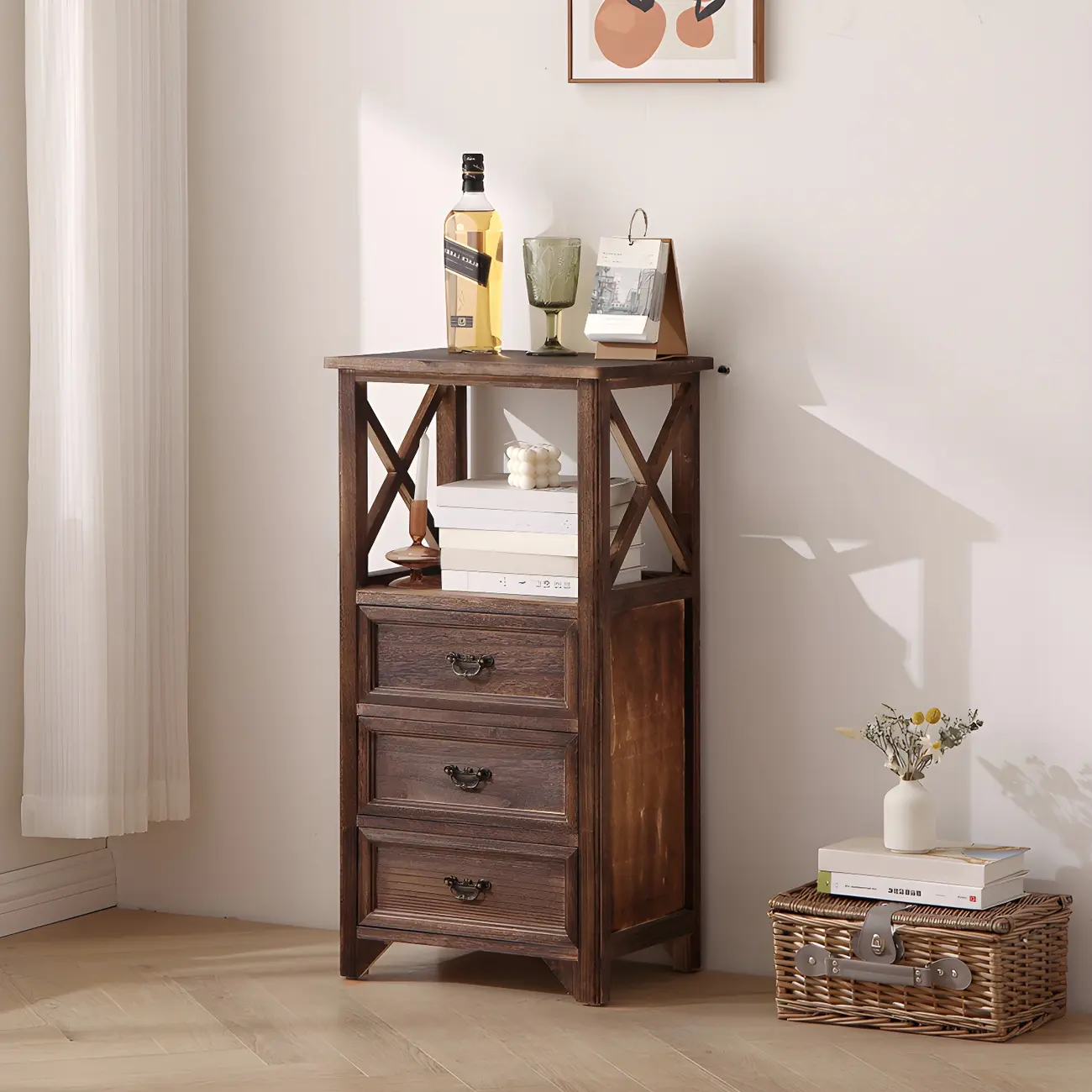 Industrial Rectangular Brown Wooden Drawer Cabinet