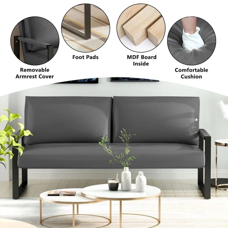 Mid-Century Style Faux Leather Loveseat Sofa with Steel Frame