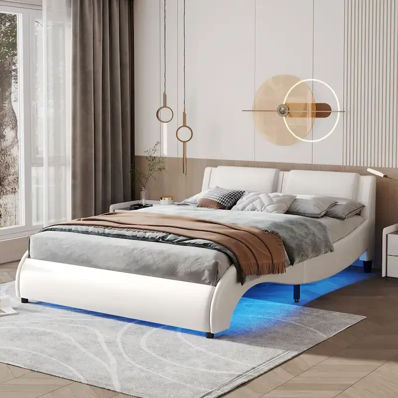 Upholstered Faux Leather Platform Bed with LED Light
