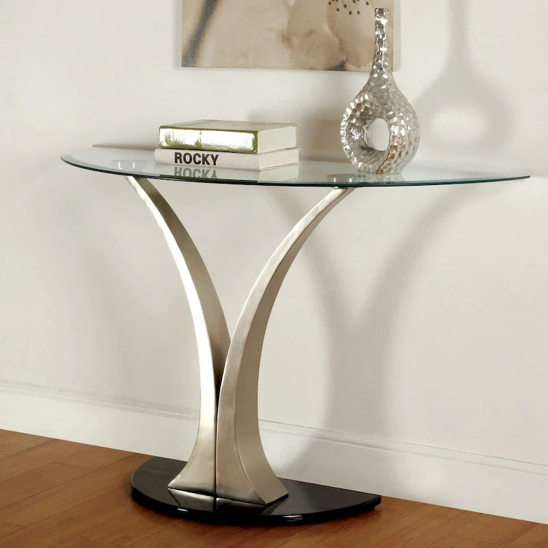 Wuct Modern Silver 46-inch Metal Half-moon Pedestal Sofa Table with Glass Top by