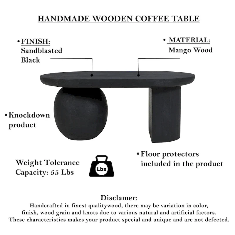 38 Inch Coffee Table, Oblong Mango Wood Top with a Modern Ball Leg