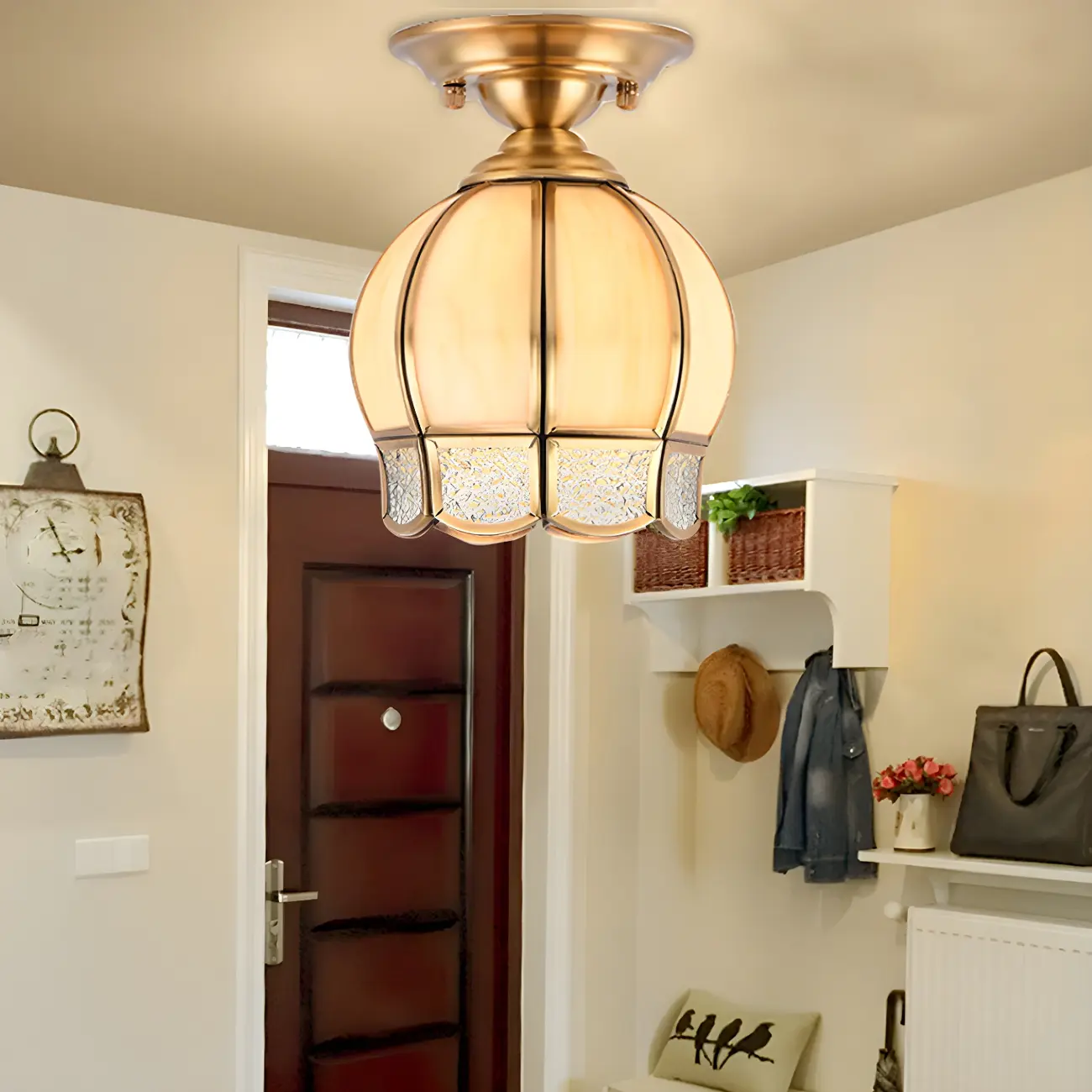 Colonial Dome Gold Glass Semi-Flush Mount Light