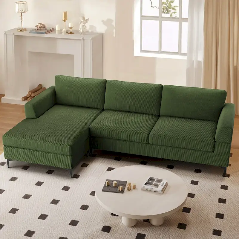 HOOOWOOO Modern L-Shaped Corduroy Upholstery Couch Reversible Chaise Sofa