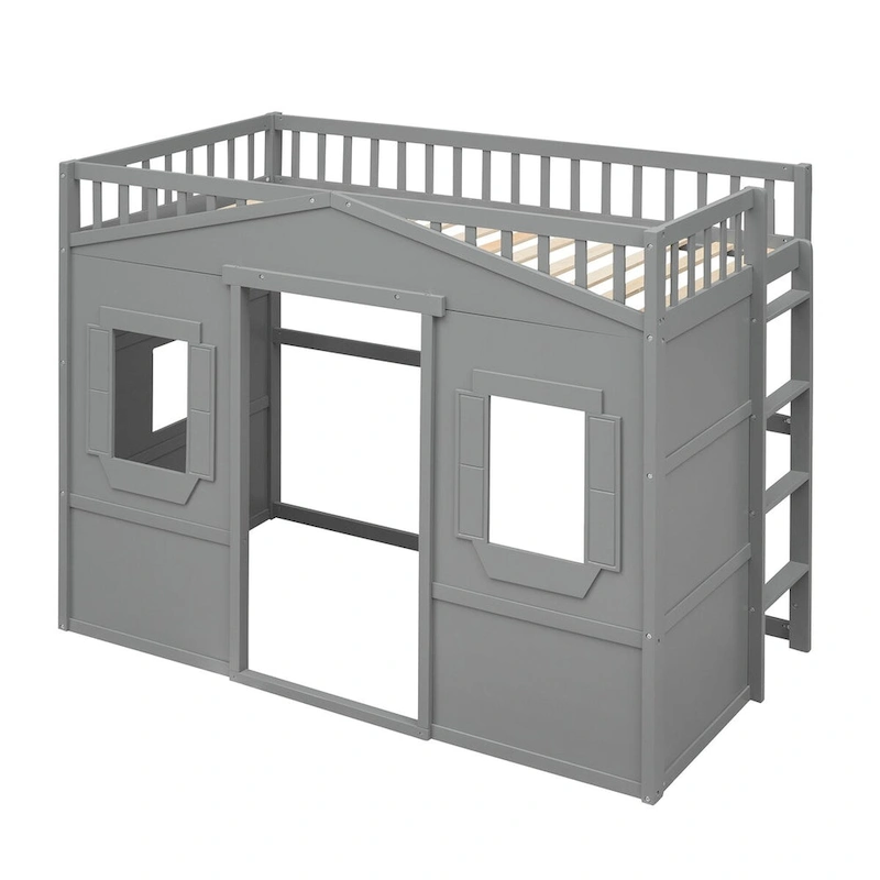Gray Castle Style Twin Solid Pine Loft Bed with Ladder, Guard Rails