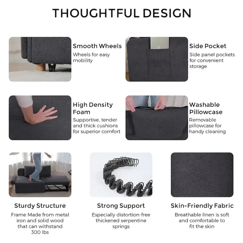 Hansabenne 4 in 1 Multi-Function Folding Sofa Folding Bed Single Futon Couch Guest Bed with 2 Throw Pillows