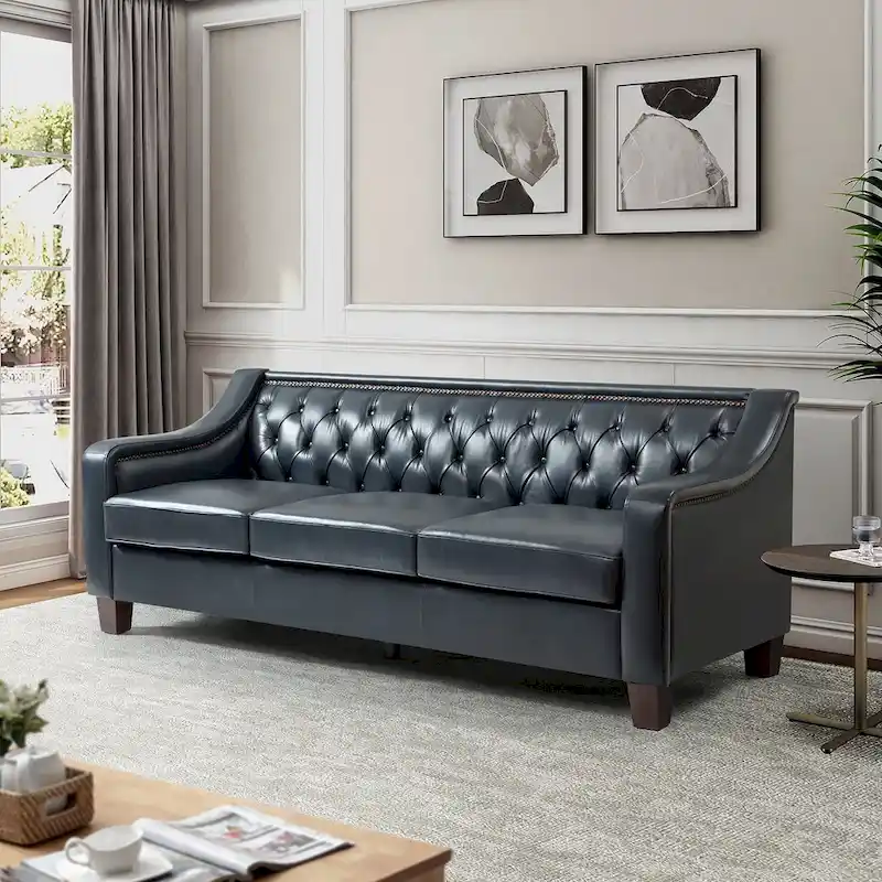 Mateo 82.28 Wide Transitional Genuine Leather Sofa with Nailhead Trim and Button-Tufted Back