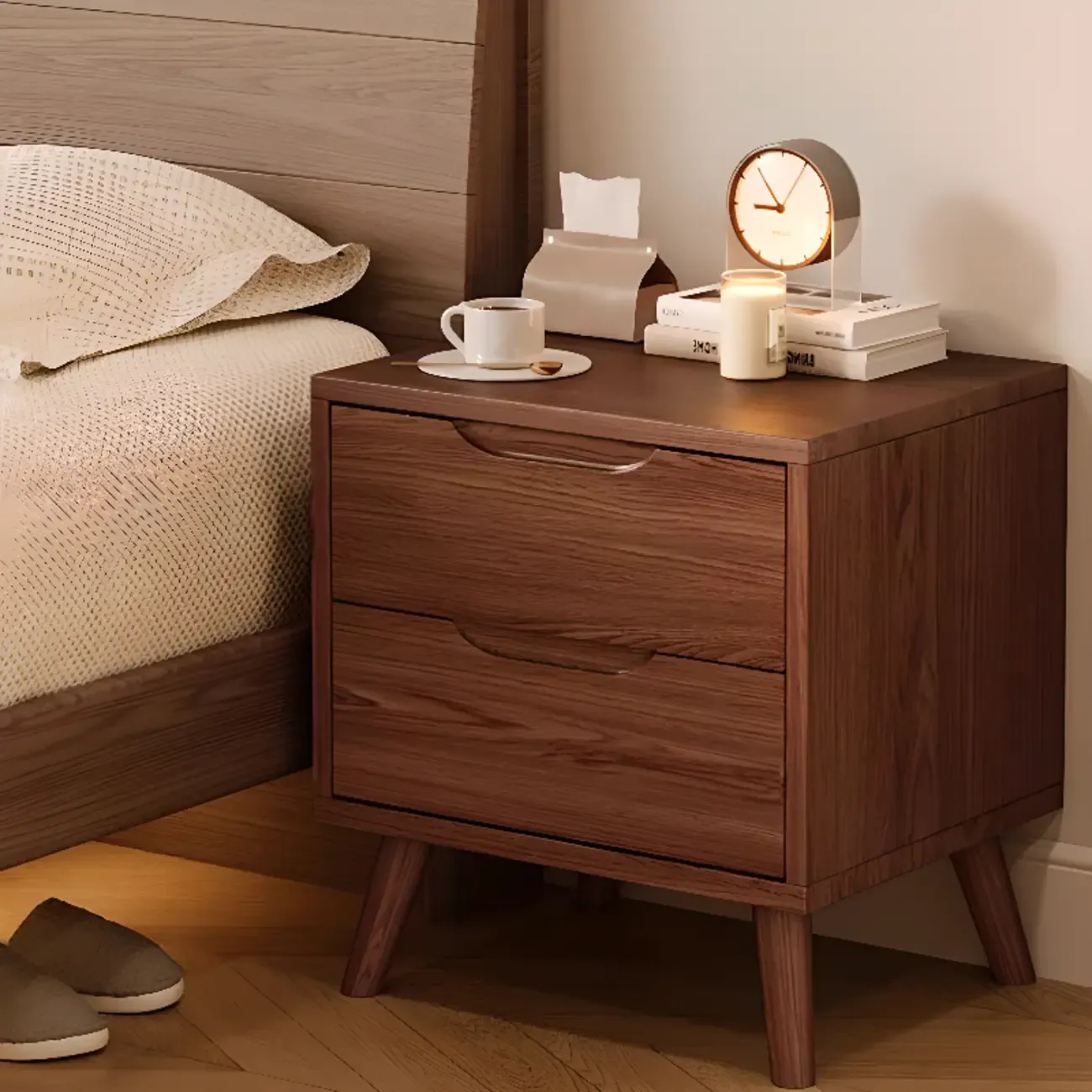 Traditional Wooden Nut-Brown Bedside Double Drawer Nightstand