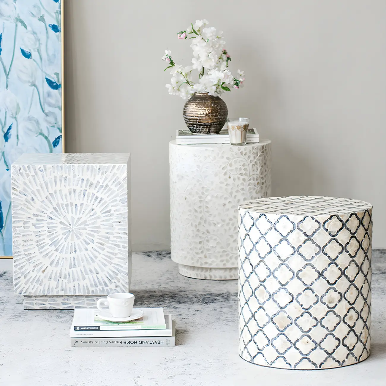 Tropical Mosaic Wooden Round Side Table