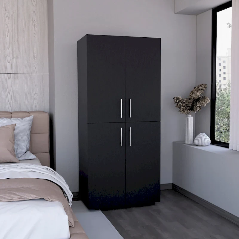 31.5  Modern Four-door Armoire with Six Shelves and Two Hanging Rods for Bedroom