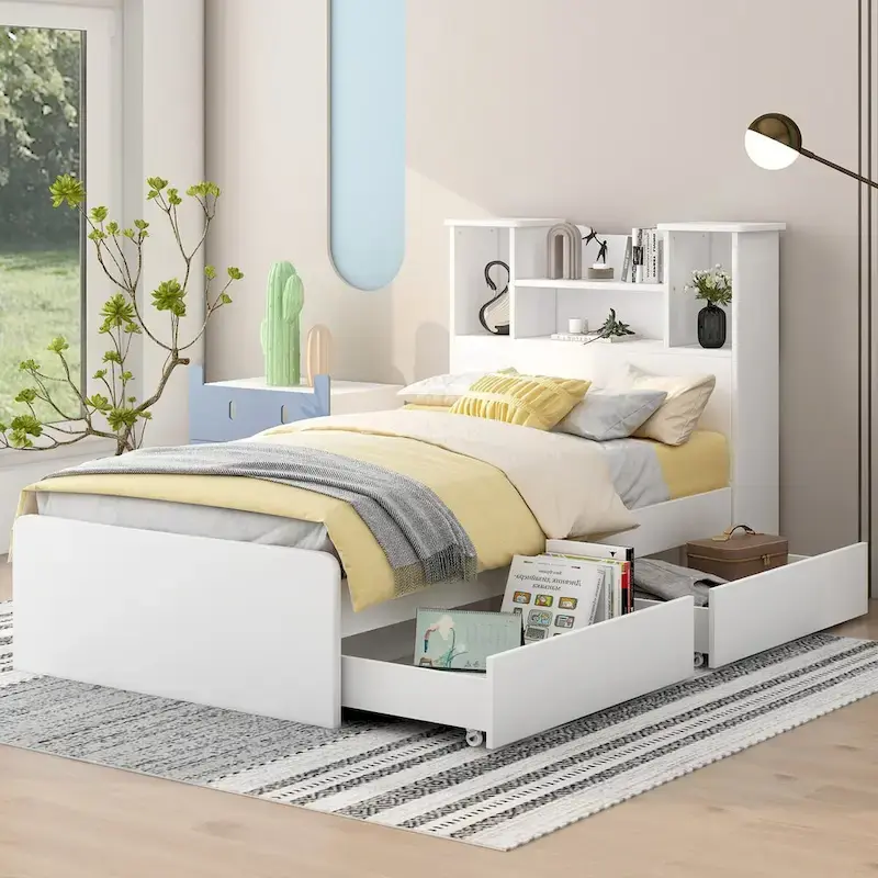 Twin Size Storage Platform Bed Frame with Shelves and Drawers