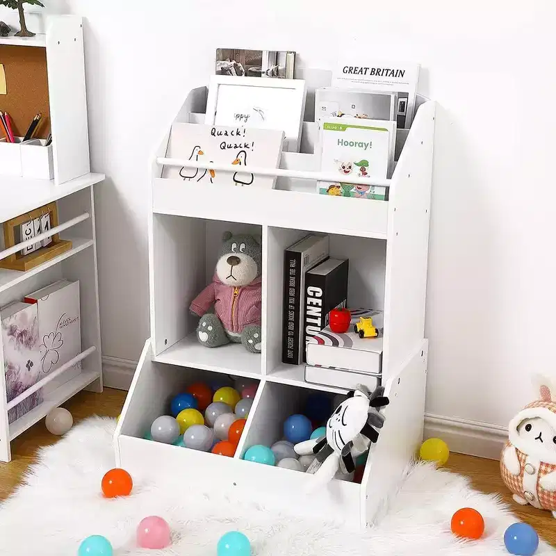 3-Tier Wooden Kids' Toy Organizer & Bookshelf - 4-Room Storage System