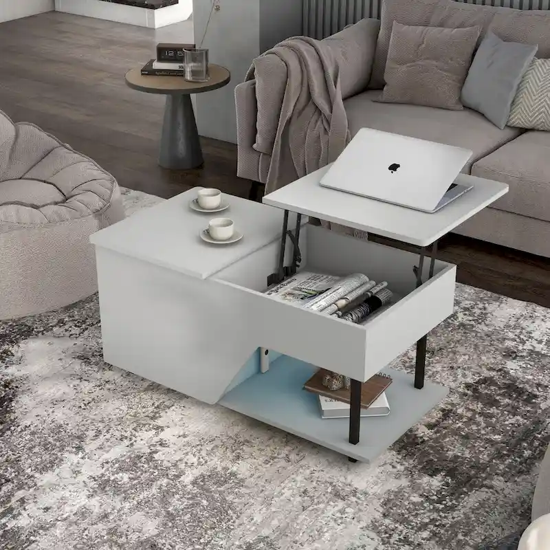 DH BASIC Modern 37-inch Lift-Top Coffee Table with 16 Colors LED Light and Adjustable Shelf
