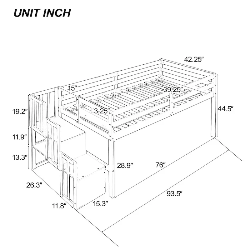 Twin Pine Loft Bed with Staircase & Fence