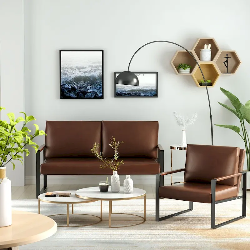 Mieres Mid-Century Style 3-Piece PU Leather Living Room Sofa Set Including 2 Armchairs and 1 Loveseat Sofa