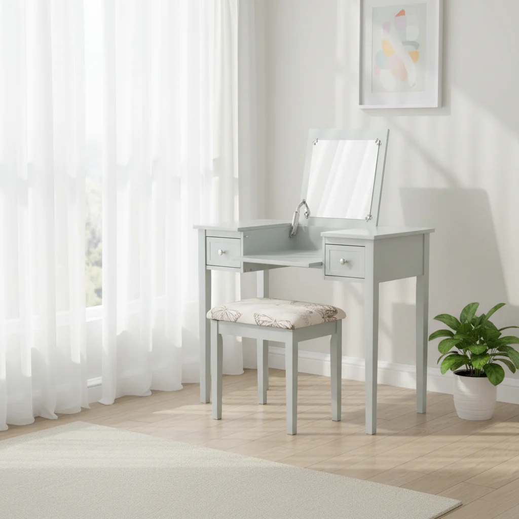 36 Silver Solid Vanity Set with Mirror and Upholstered Stool