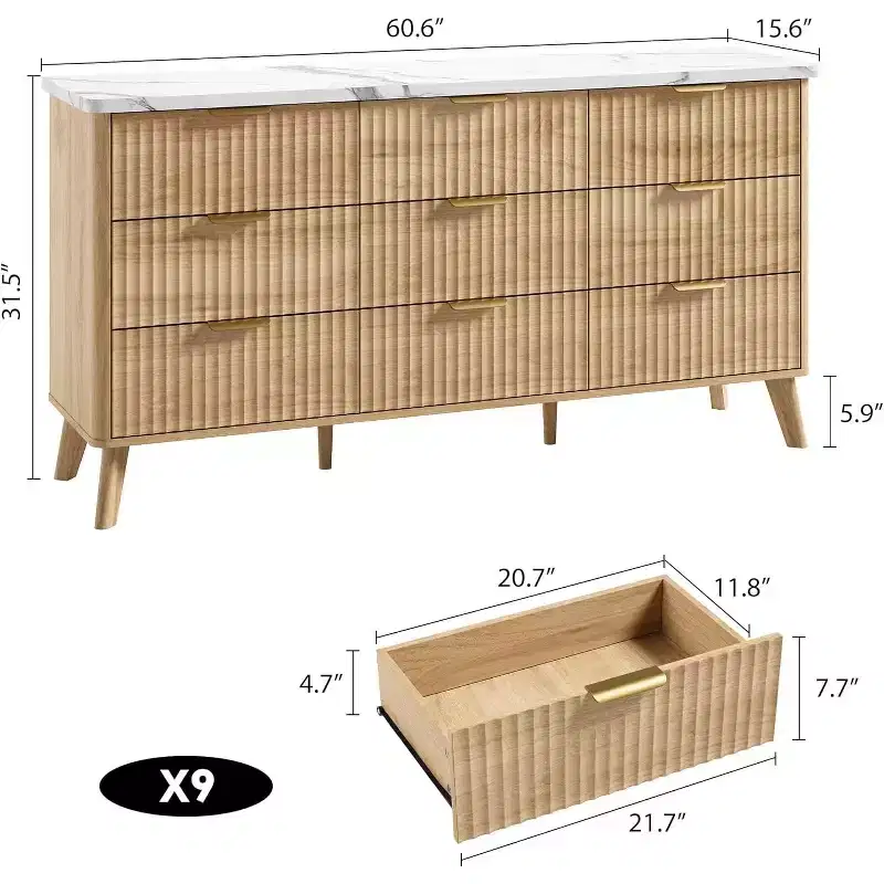 60.6 Wide Fluted Dresser with 9 Deep Drawers - Modern TV Stand & Chest for Bedroom, Living Room & Hallway