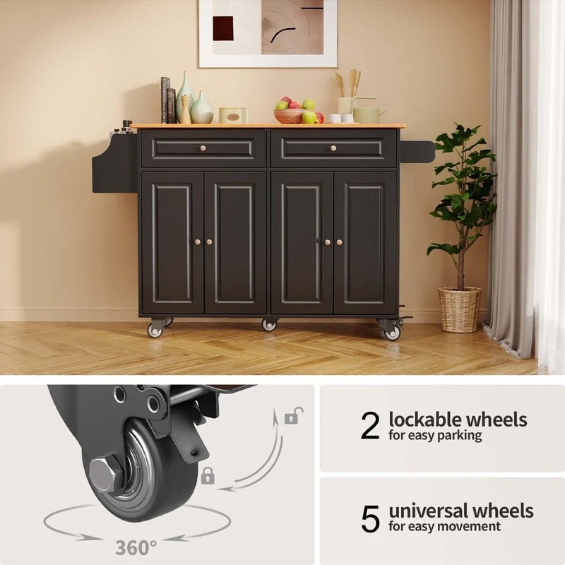 Kitchen Island Cart with Solid Wood Top and Locking Wheels