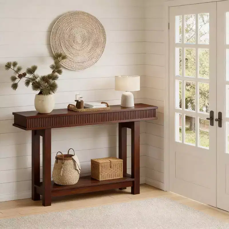 Brown / Natural 2-Tier Narrow Console Table with Storage Shelf