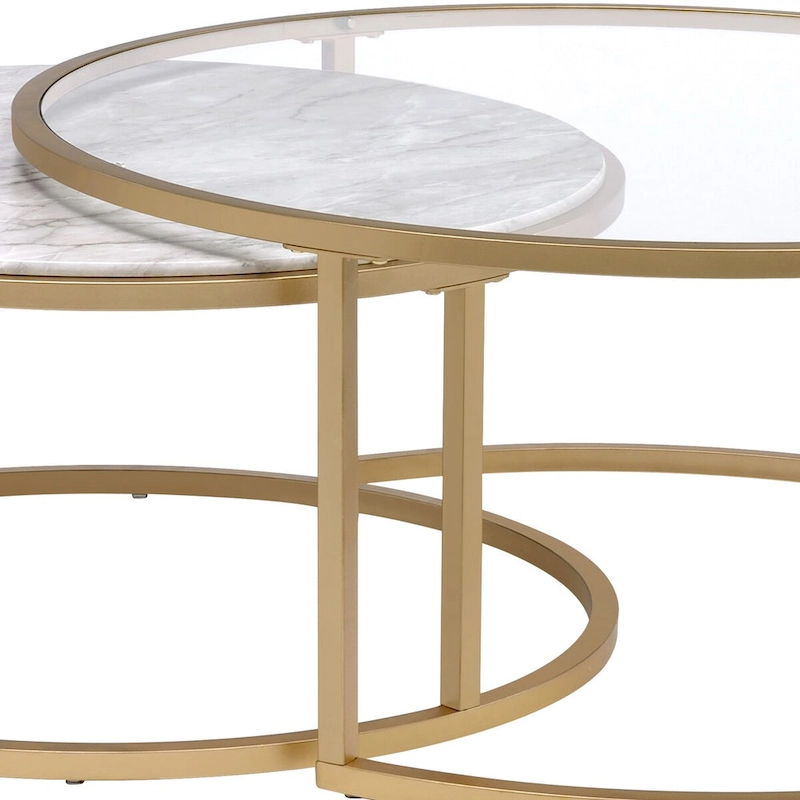 Metal Framed Nesting Coffee Tables with Glass and Marble Tops, Set of Two, Gold - 15.75 H x 36 W x 36 L Inches