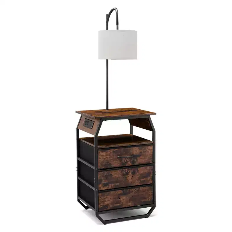 Brown & Black Floor Lamp with Side Table — 3 Drawers, USB Charging, 1-Person
