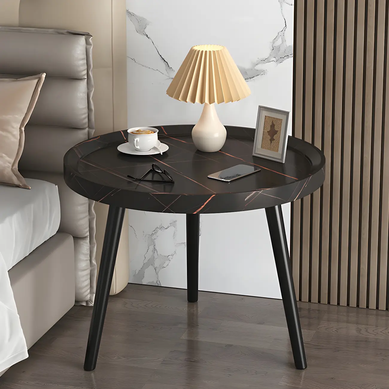 Natural Espresso Wood Small Round End Side Table with Tray Top & Shelf