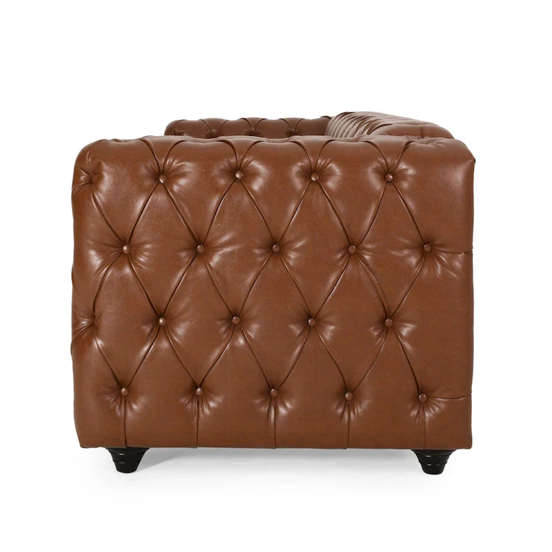 Faux Leather Button Tufted 3-seater Sofa with Wood Legs