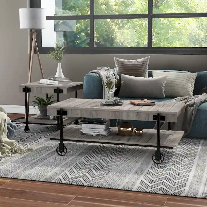 Farmhouse Steel 2-Piece Coffee Table Set with Shelf