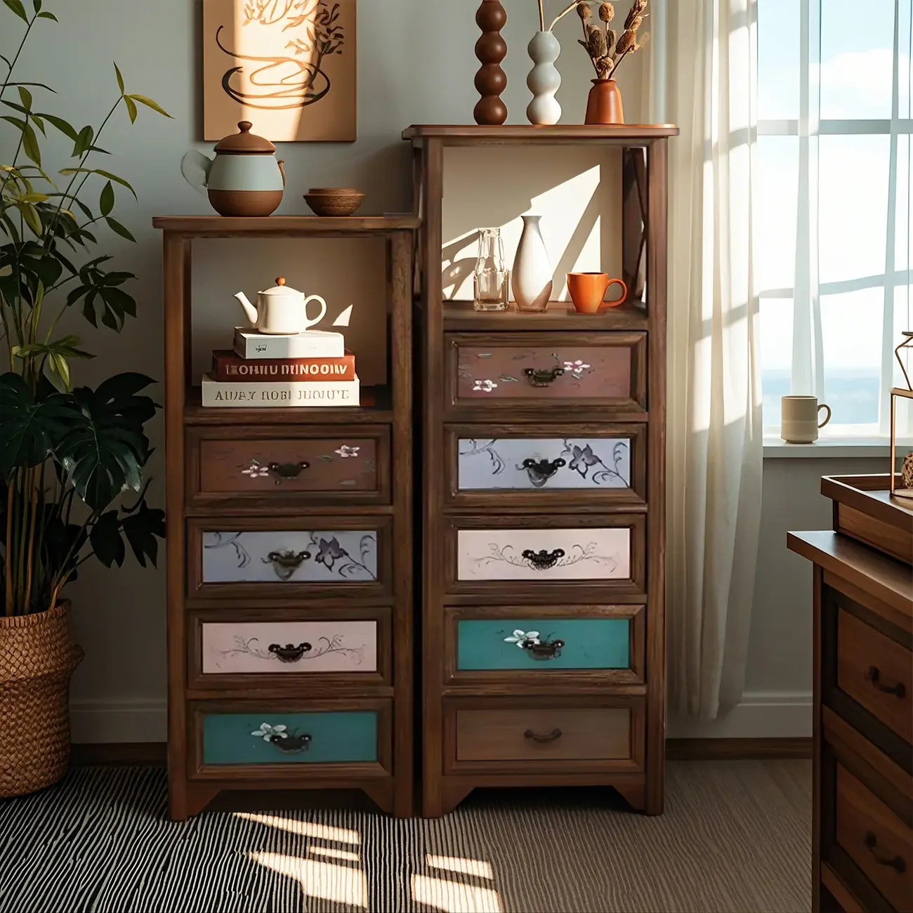 Industrial Rectangular Brown Wooden Drawer Cabinet