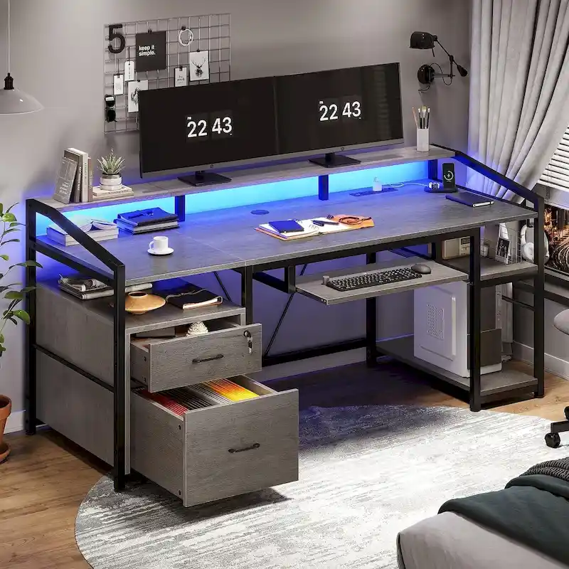 LED Computer Desk With Lock Drawers Keyboard Tray Power Outlet