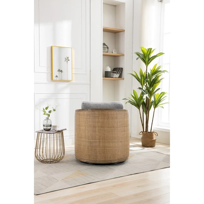 Swivel Barrel Chair, Comfy Round Accent Chair, 360 Degree Swivel Barrel Club Chair, Leisure Arm Chair with Rattan Woven Frame