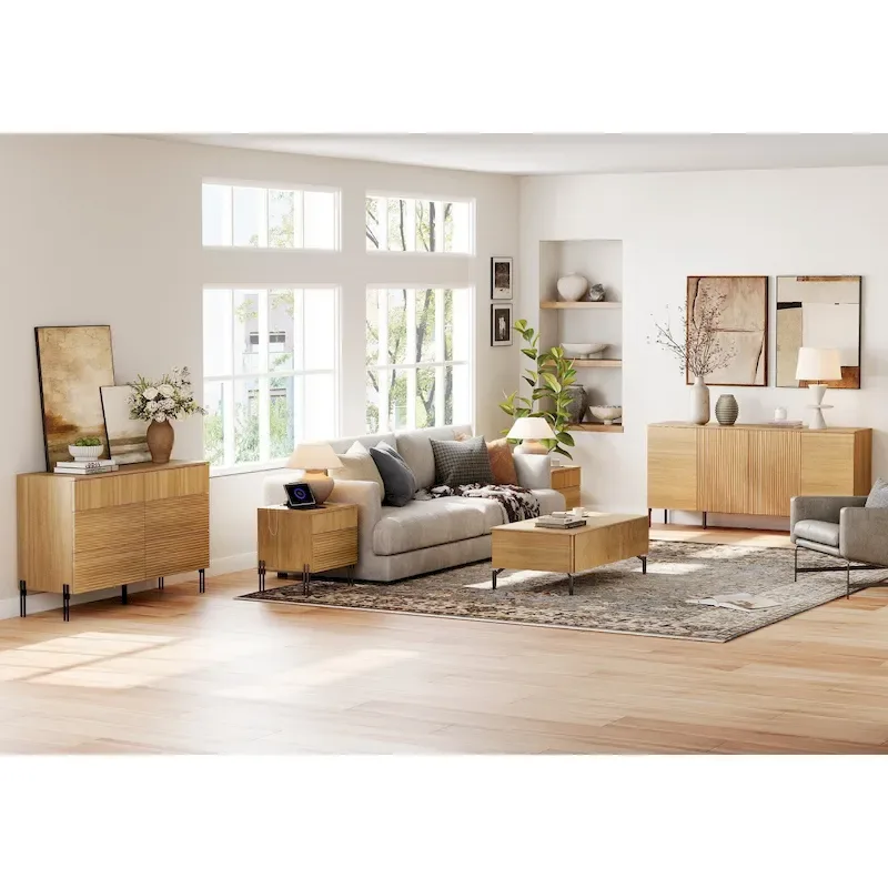 4-Piece Bedroom Furniture Set, 47 Fluted 6 Drawer Dresser, 61 Buffet Sideboard, 2 Nightstand with Charging Station, Oak