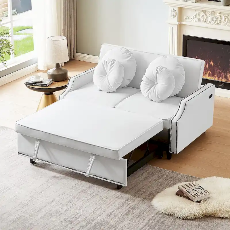 Loveseat Sofa Bed with Adjustable Button Tufted Backrest, 2 USB Ports and 4 Pillows