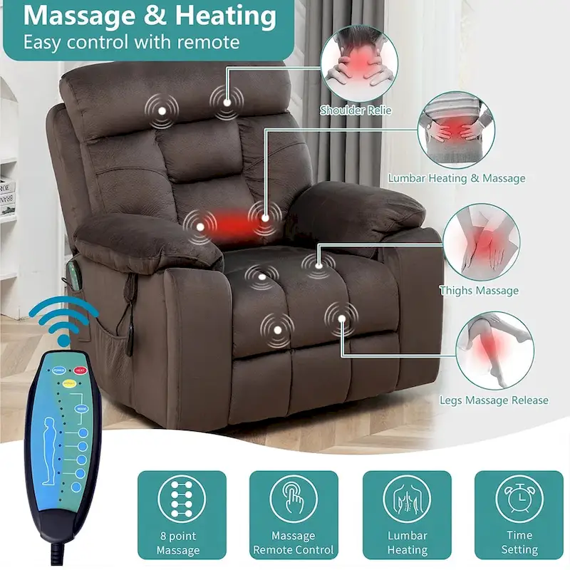 Power Lift Recliner, Massage & Heat, Velvet, 8-Point Massage, Cup Holder, Reclines 160°, Seats 1, Light/Dark Brown