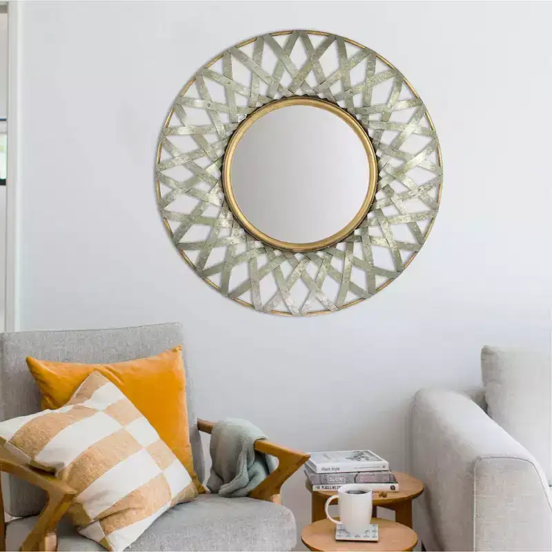 Round Metal Wall Mirror with Gold and Galvanized Finish: Iron Frame, No Assembly, Wall Mount