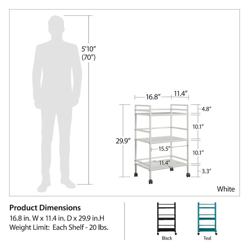 Emerald 3 Shelf Metal Rolling Utility Cart