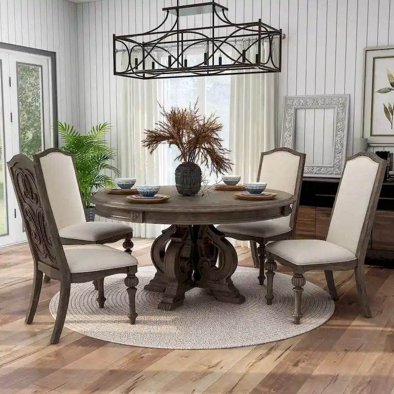 Cornerways Traditional Brown Solid Wood Pedestal Base Round Dining Set by The Gray Barn