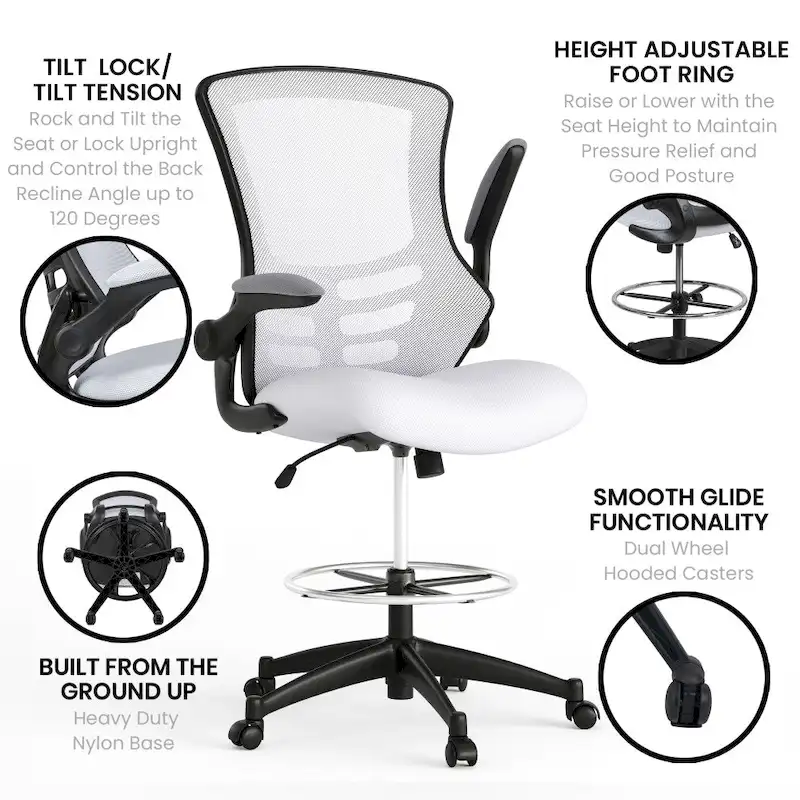 Mid-Back Ergonomic Drafting Chair with Adjustable Foot Ring and Flip-Up Arms