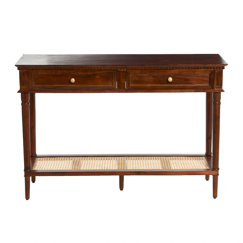 Acacia Wood Console Table with Cane Shelf