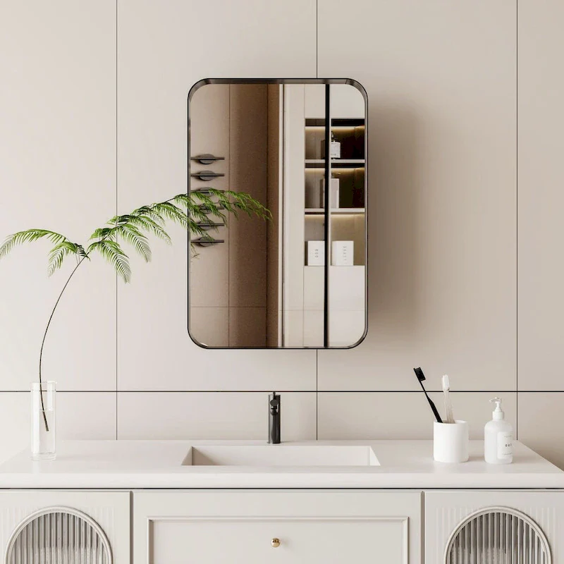 16x24 Inch Recessed Black Metal Framed Medicine Cabinet with Mirror and Adjustable Shelves - 16x24 Inch