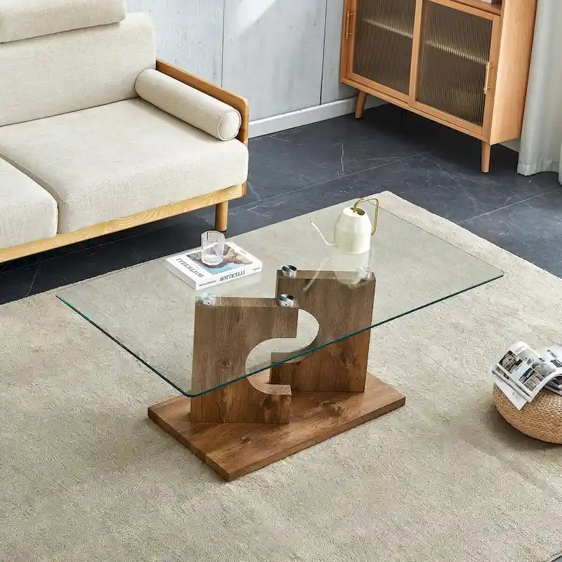 A rectangular modern and fashionable coffee table with tempered glass tabletop and white MDF legs