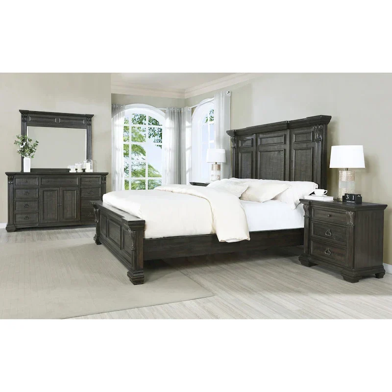 Distressed Dark Walnut Wood Panel Bedroom Set - 5 Pieces