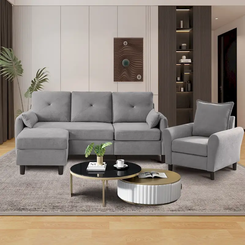 3-Pieces Sectional Sofa Set with Ottoman and Chair