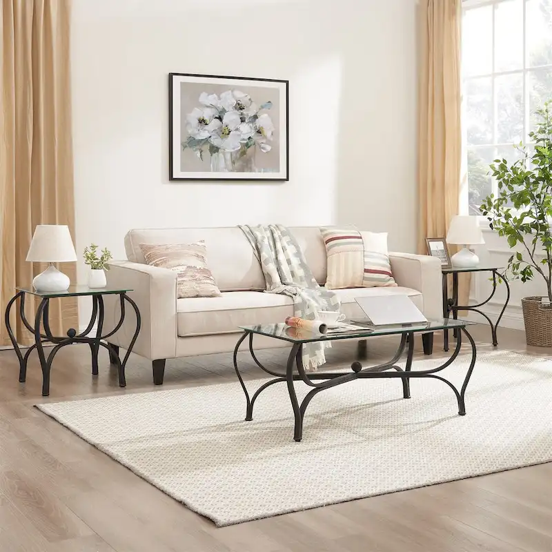 3-Piece Tempered Glass Coffee Table Set - Rustic Black Metal Frame