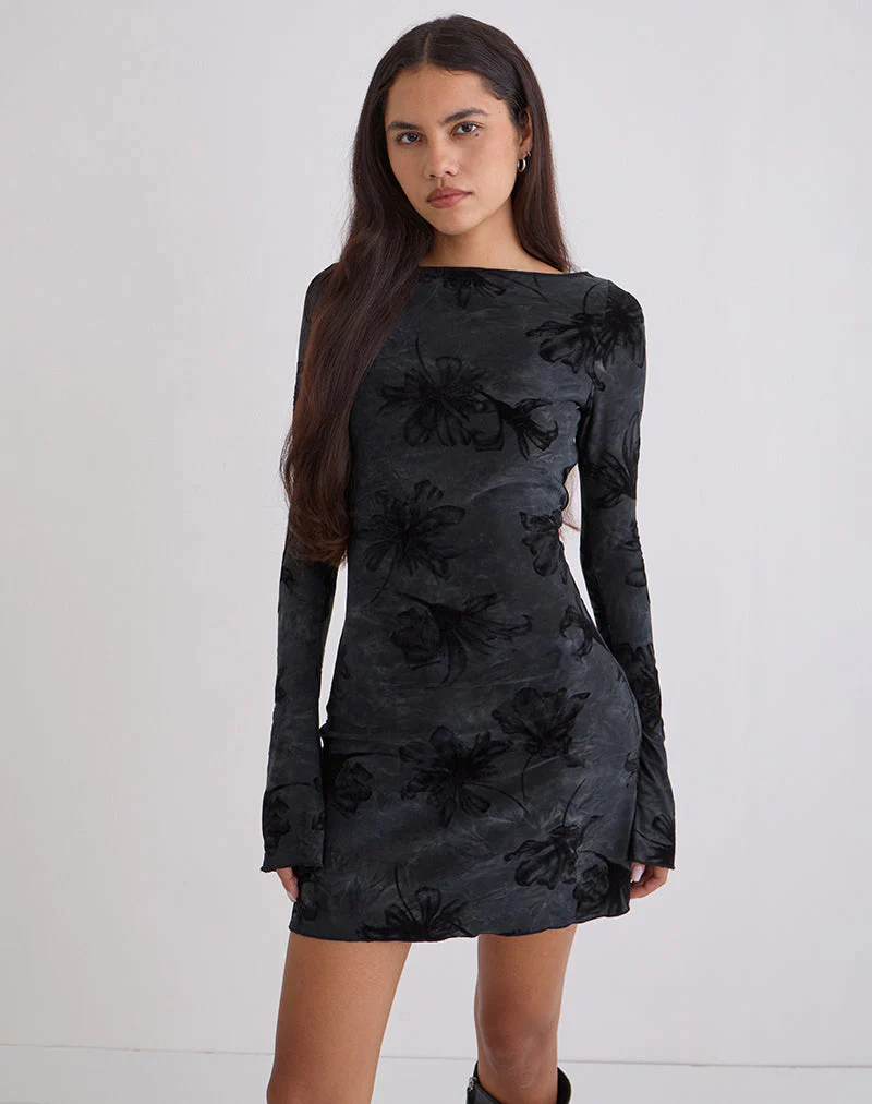 Sevila Long Sleeve Mini Dress in Burnout Velvet Grey