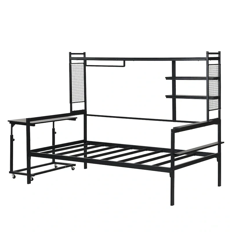 Versatile Daybed with Movable Desk, Metal Sofa Bed Frame with Metal Grid, Shelves and Clothes Hanger, No Box Spring Needed