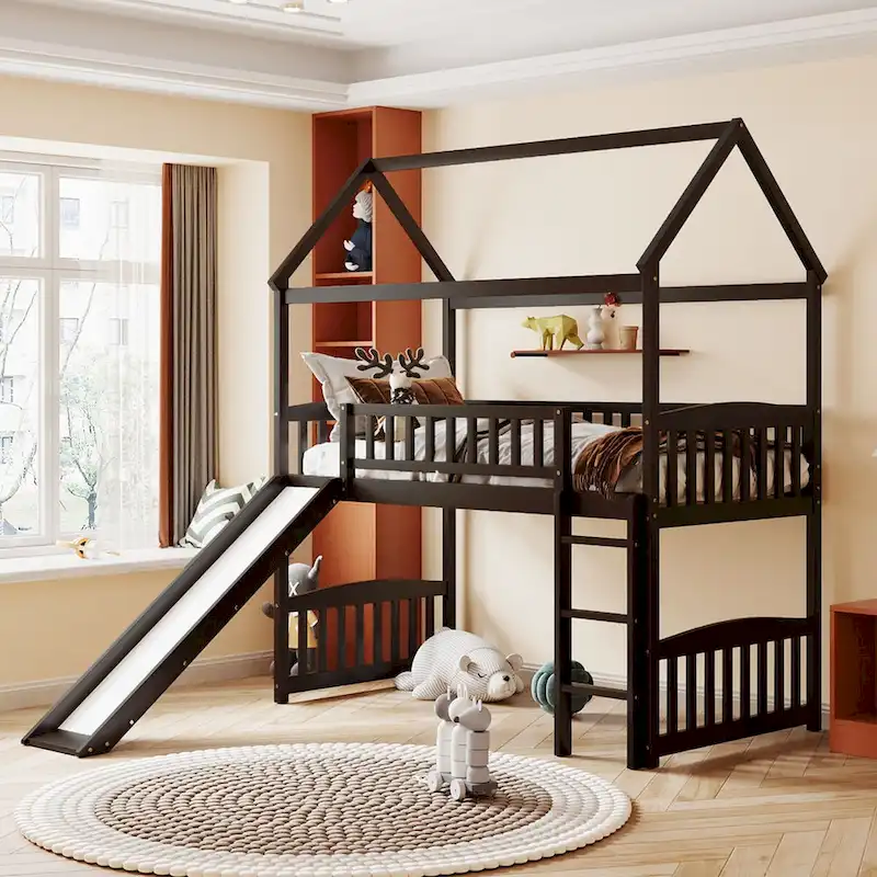 Twin Loft Bed with Slide and Guardrail