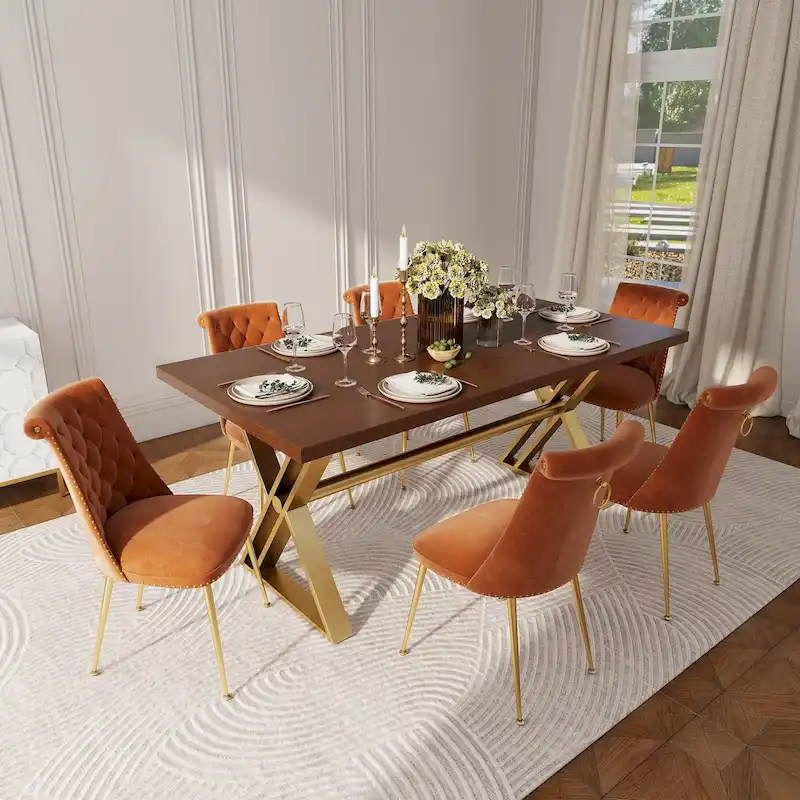 7-Piece Clihome Walut Wood Dining Table with Velvet Chair Dining Chair